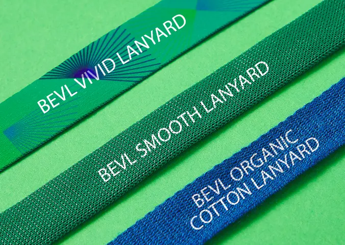 Bevl lanyard attachments prevent name badges from flipping during events and are available in a variety of fabrics