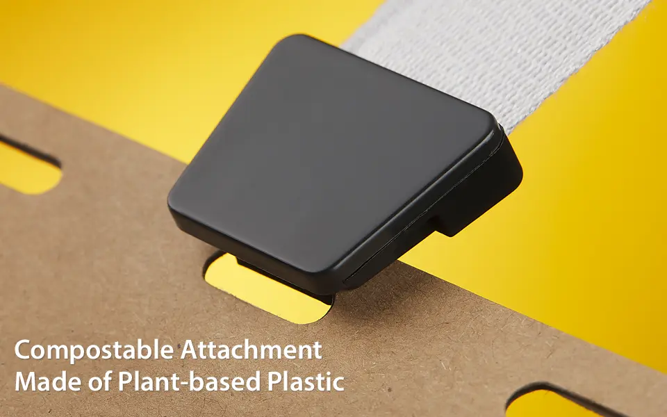 Custom lanyard with no twist attachment is made from plant-based plastic and is compostable