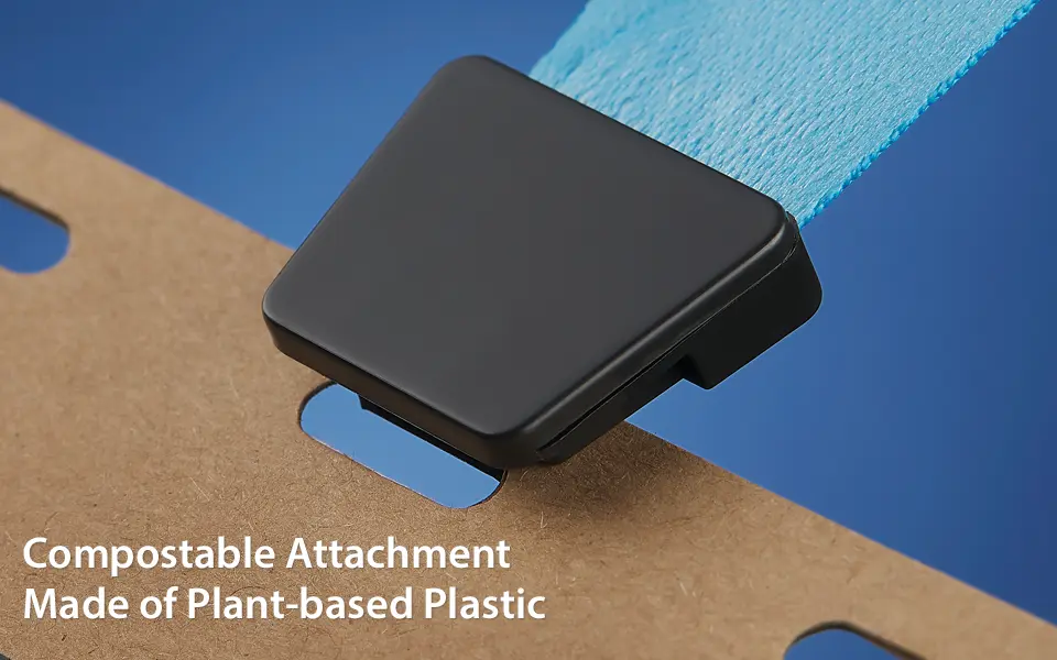 Custom lanyard with no twist attachment is made from plant-based plastic and is compostable