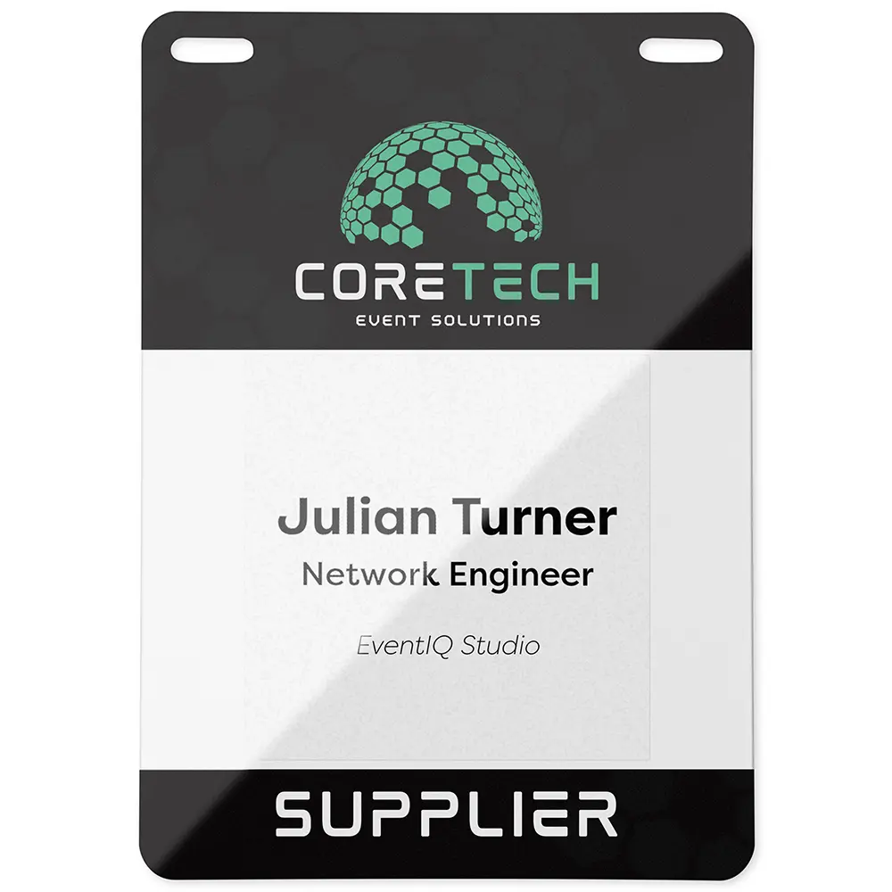 Printed event badge label on event badge