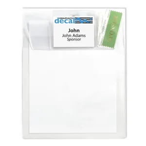 clear plastic envelope with large main compartment and flap that can fit a name tag holder labeling the entire attendee packet