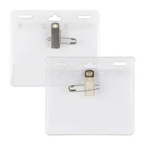 easy to fill 4"x3" name tag holders with pin and clip are reusable