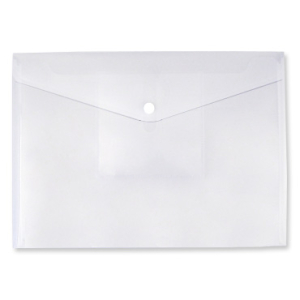 Clear plastic envelope with Inside pocket and snap closure secures contents