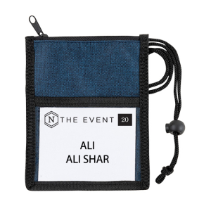 neck wallet with adjustable lanyard holding a 4"x3" name tag