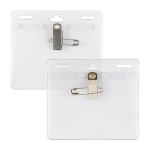 easy to fill 4"x3" name tag holders with pin and clip are reusable
