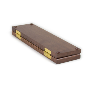 Wooden event badge organizer folds up for compact transport and easy setup