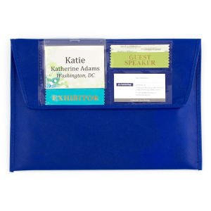 eco friendly registration envelope has an outside pocket that holds a 4 x 3 name tag and strong bound edges that can withstand big loads