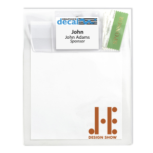 customized plastic envelope with large main compartment and flap that can fit a name tag holder labeling the entire attendee packet