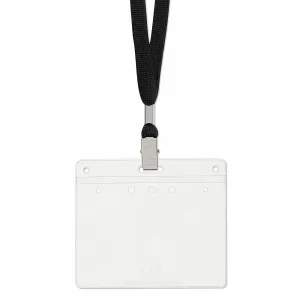 4" x 3" name tag holder made with 38% thicker material and stronger edge welds attached to lanyard