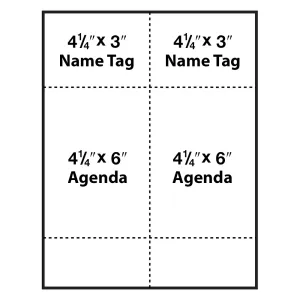 two 4-1/4" x 6" blank agenda Inserts alongside two 4-1/4"x3" paper name tags