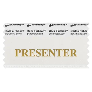 S3PRESWHGO white badge ribbon with presenter in gold lettering