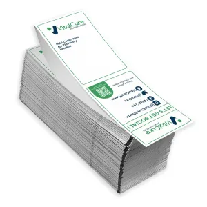 Direct thermal printers can print double sided 4" x 6" name badges for events. This custom fanfold paper comes pre-printed with your two-color design.