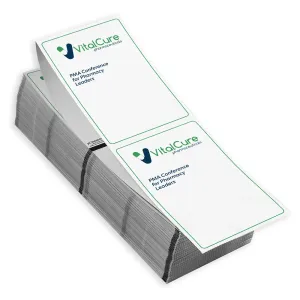Direct thermal printer paper can print one sided 4" x 6" name badges for events. This custom event agenda paper comes pre-printed with your two-color design.