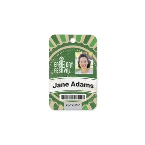 2.125 inch x 3.375 inch biodegradable Event Badge customized with barcode and attendee photo