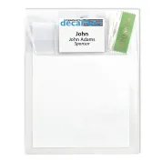 clear plastic envelope with large main compartment and flap that can fit a name tag holder labeling the entire attendee packet