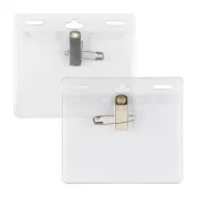 easy to fill 4"x3" name tag holders with pin and clip are reusable