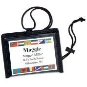 small neck wallet made from 85% recycled PET water bottles holds a 4"x3" name tag