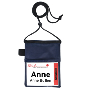 neck wallet that holds a 4"x3" name tag with zippered top pocket