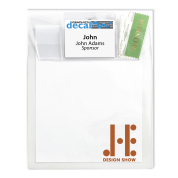 customized plastic envelope with large main compartment and flap that can fit a name tag holder labeling the entire attendee packet