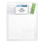 clear plastic envelope with large main compartment and flap that can fit a name tag holder labeling the entire attendee packet