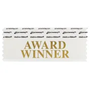 white badge ribbon with award winner in gold lettering