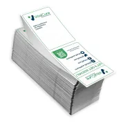Direct thermal printers can print double sided 4" x 6" name badges for events. This custom fanfold paper comes pre-printed with your two-color design.