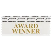 white badge ribbon with award winner in gold lettering