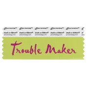 STRMANGPU neon green badge ribbon with trouble maker in purple lettering