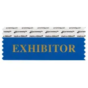 Blue badge ribbon with Exhibitor in gold lettering