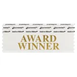 white badge ribbon with award winner in gold lettering