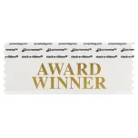 white badge ribbon with award winner in gold lettering