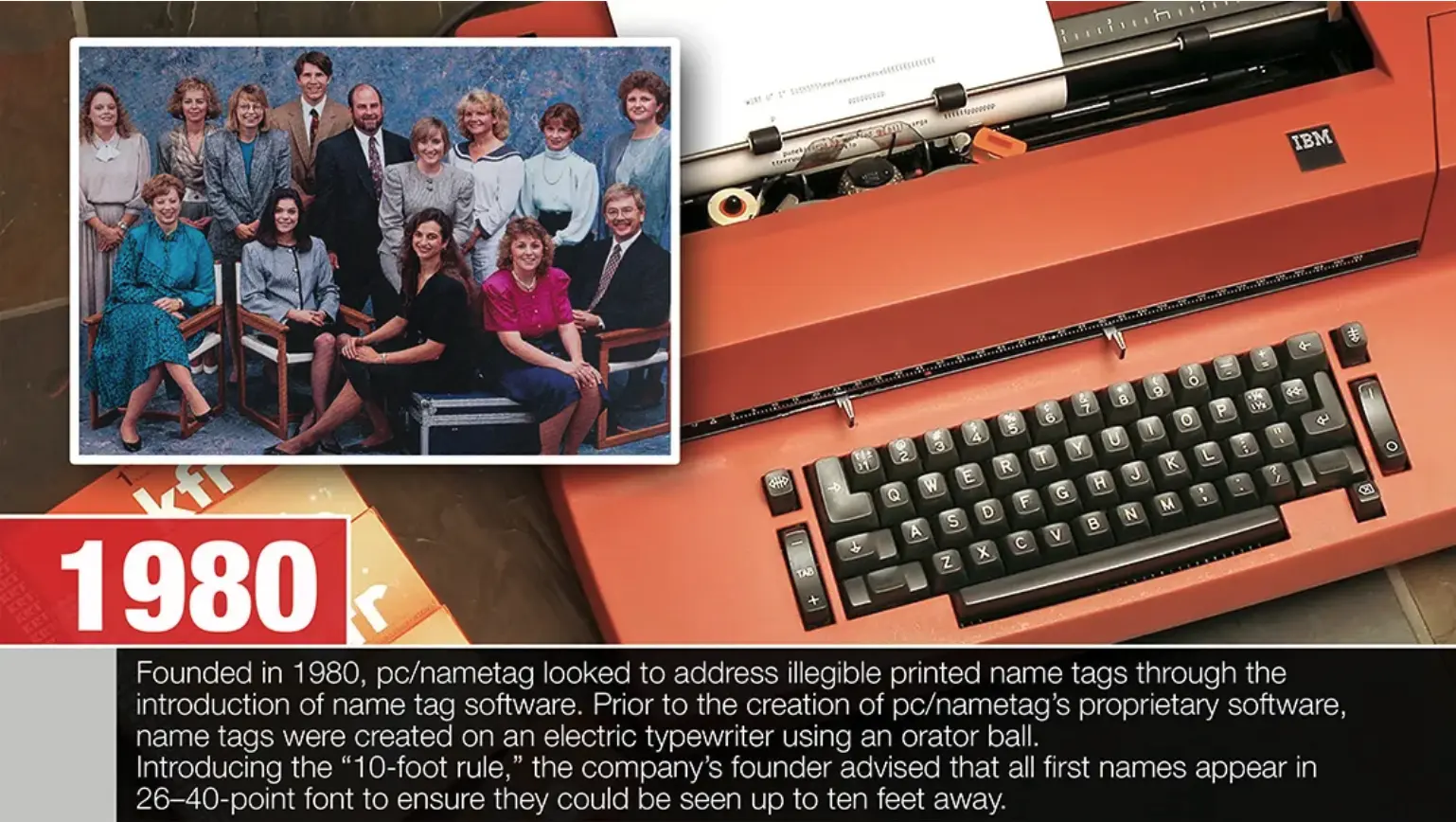 1980: Group of employees and an old electric typewriter