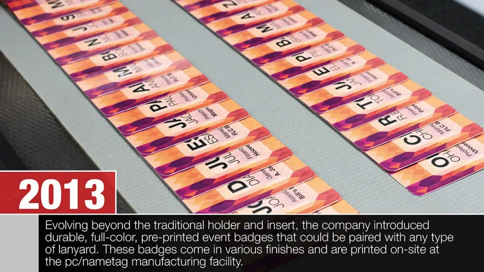 2013: Array of colorful full-color pre-printed event badges
