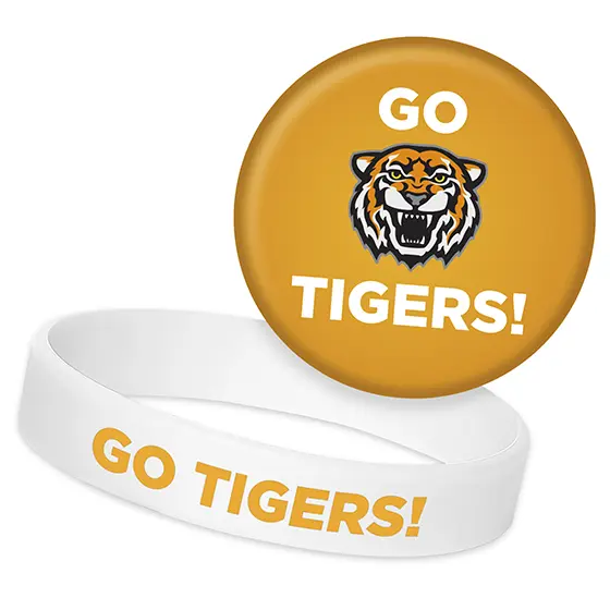 Branded silicone wristband and custom button with pin back