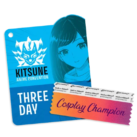 Anime convention event badge and costplay champion badge ribbon