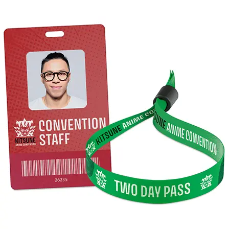 Anime Convention staff ID badge and wristband branded