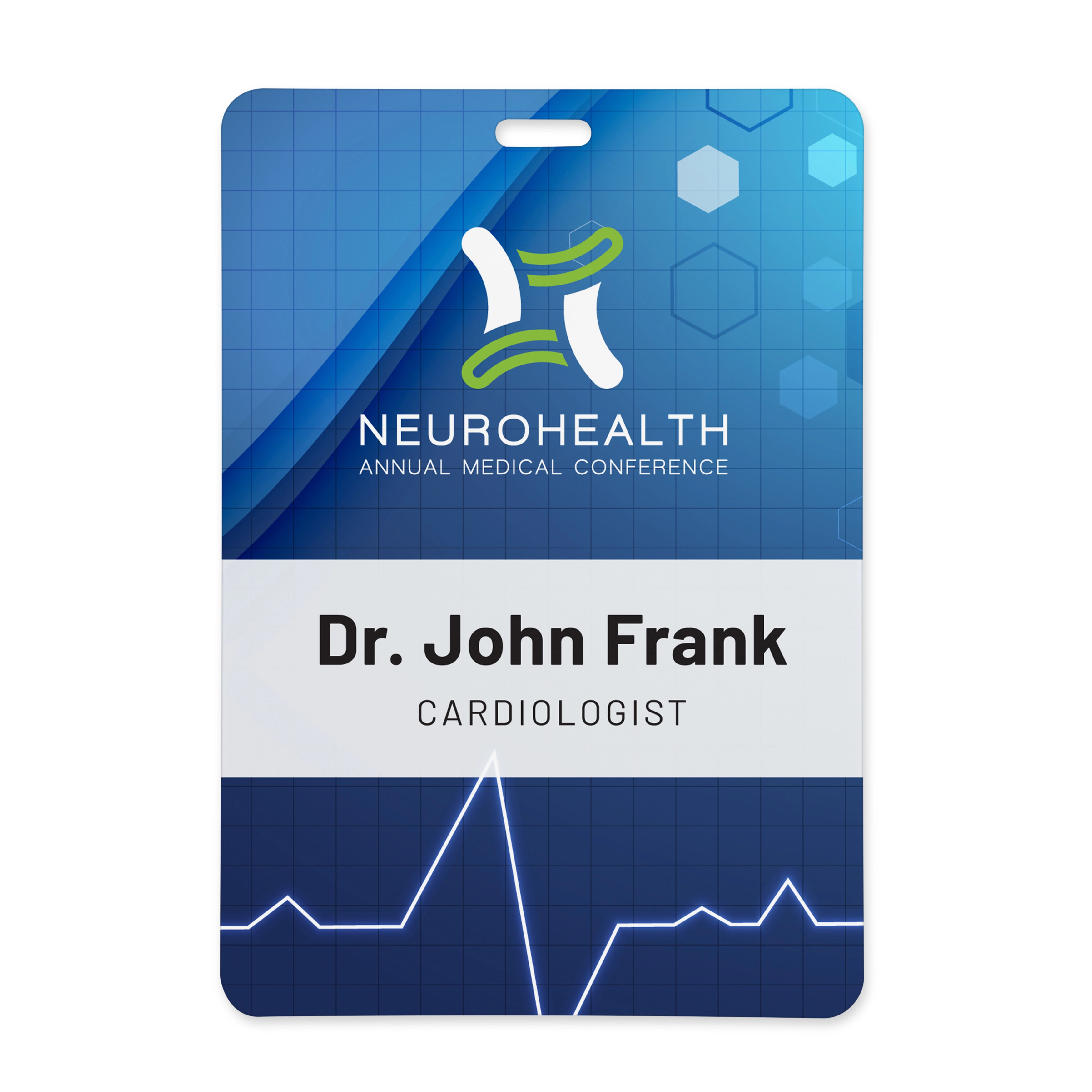 A standard name badge featuring a music-inspired design for employee identification