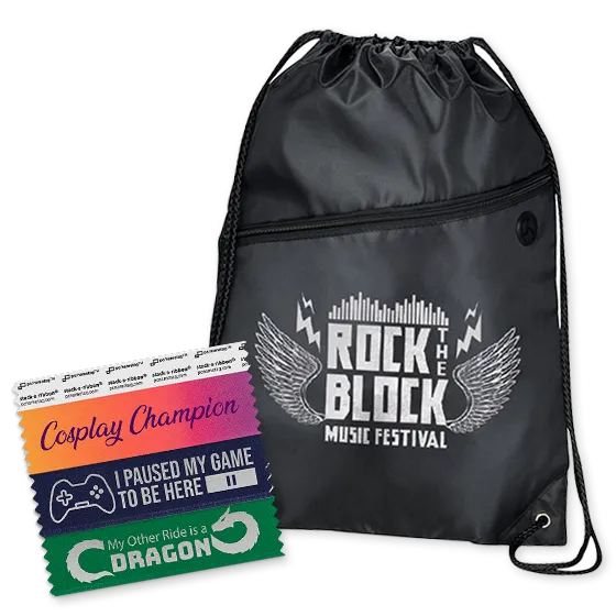 music fest drawstring bag and Custom Badge Ribbons