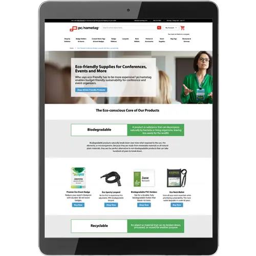 A tablet showing a webpage that features various eco-friendly products for sustainable event planning