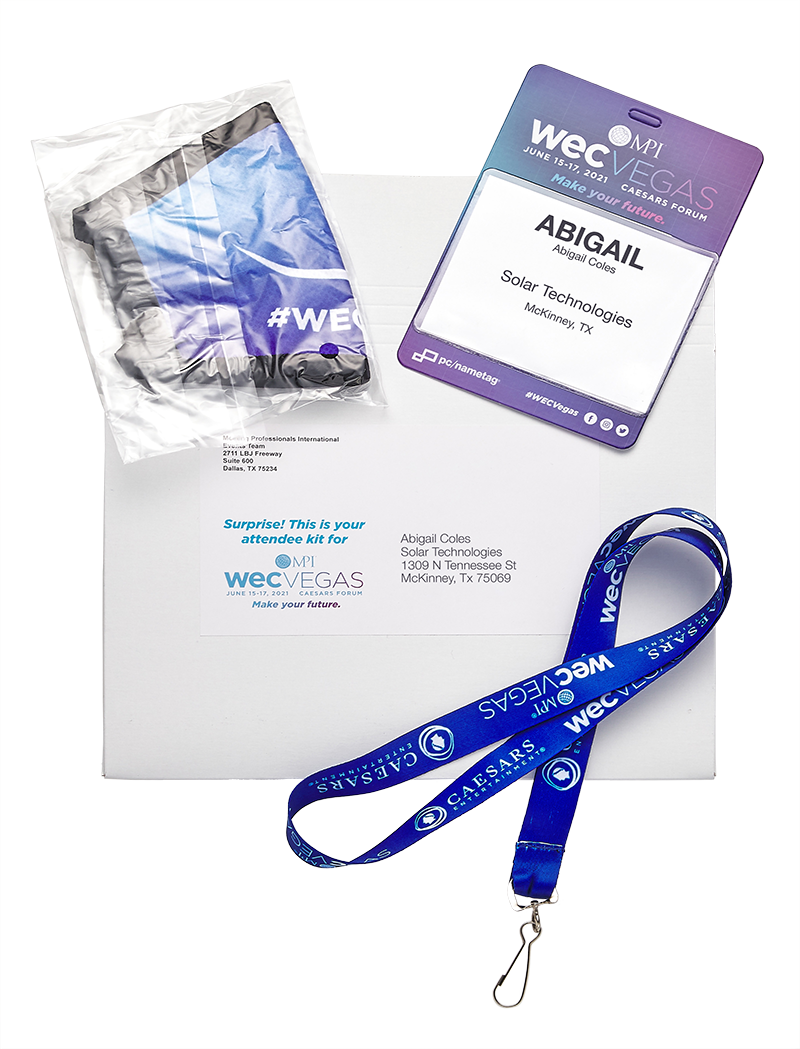 MPI WEC registration kit with badge, face mask and lanyard