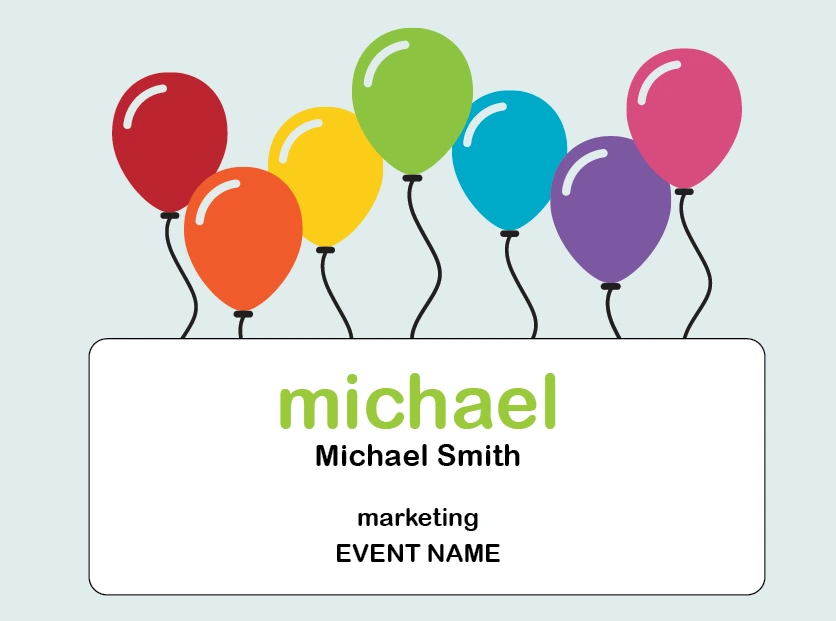 light blue background primary color balloons name tag design