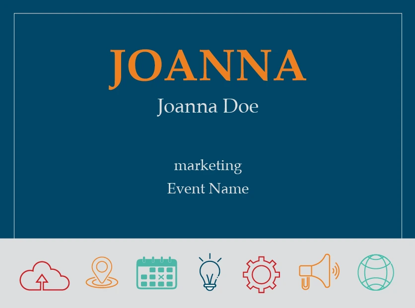blue with multi-color business icons name tag design