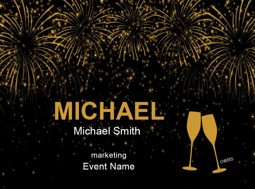 black and gold fireworks champagne glasses New Year's name tag design