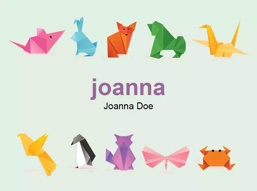 pale green background multi-color origami animal figure name tag design
