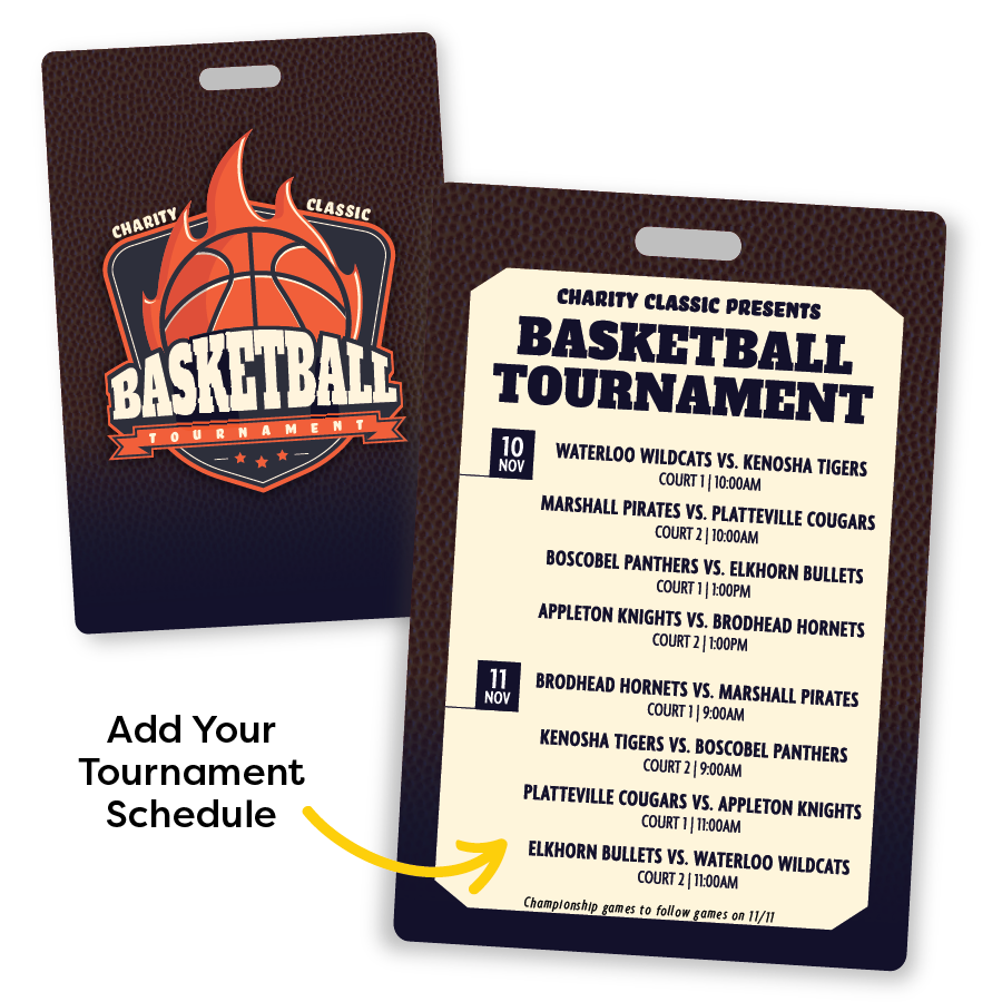 Rectangle Basketball Bag Tag with Tournament Schedule on Back