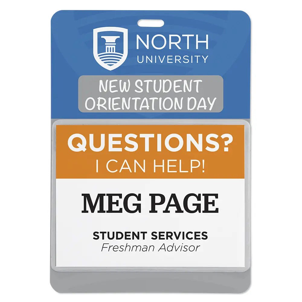 Custom imprint collegiate or university branded student orientation name badge
