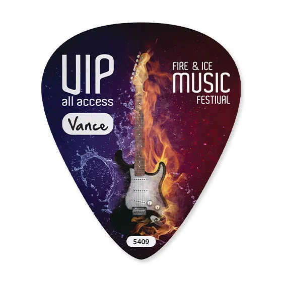 Guitar pick shaped adhesive festival pass for backstage access