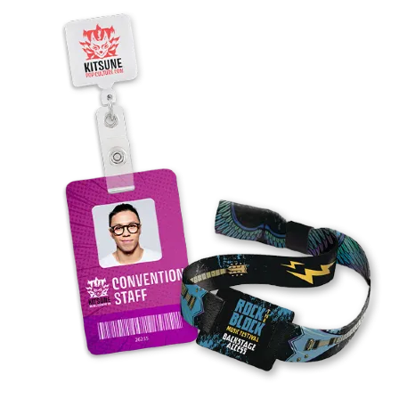 Anime Convention staff ID badge and RFID wristband branded