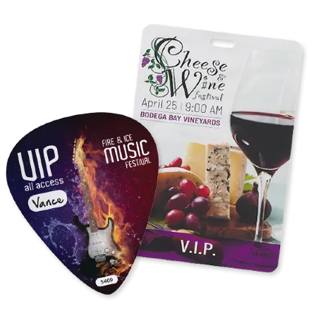 VIP satin stickie and VIP Cheese and Wine fest event badge