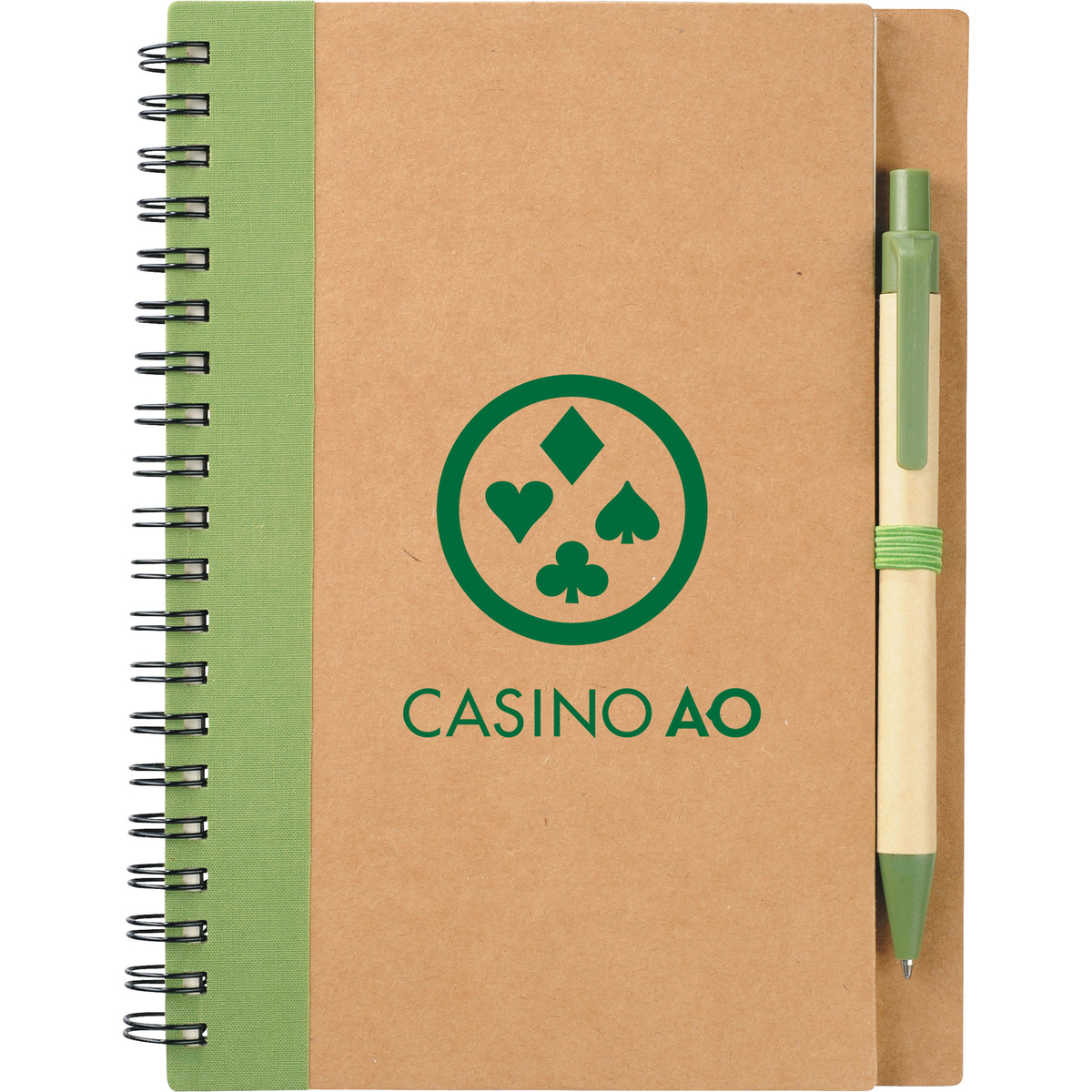 Eco spiral notebook with matching ballpoint pen and matching color elastic pen loop, customizable with 1 color and full color imprint.